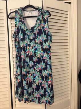 Lulu-B Navy Palm Tree Print Ruffled V-Neck Dress